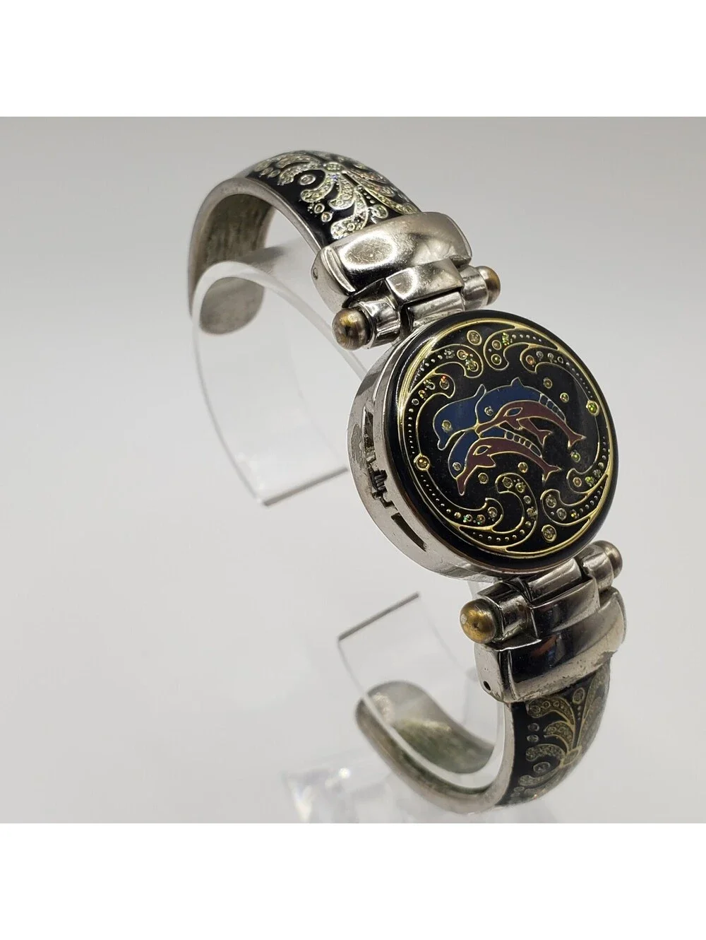 Vivani Ladies Quartz Watch 28mm Enamel Dolphins Cuff Bracelet New Battery